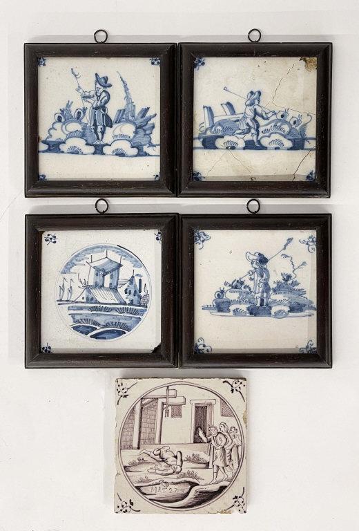 5 EARLY 18THC. DUTCH TILES, 4 BLUE & WHITE ONE (1 of 7)