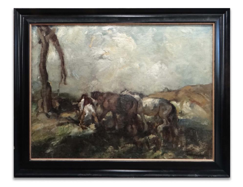 "WORK HORSES WITH SMITHY" OIL / CANVAS, SIGNED (1 of 6)