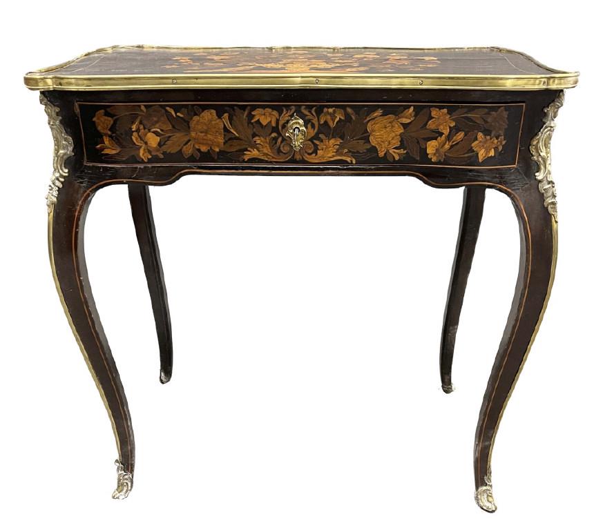 19THC. MARQUETRY INLAID WRITING TABLE W/ FLORAL INLAYS (1 of 9)