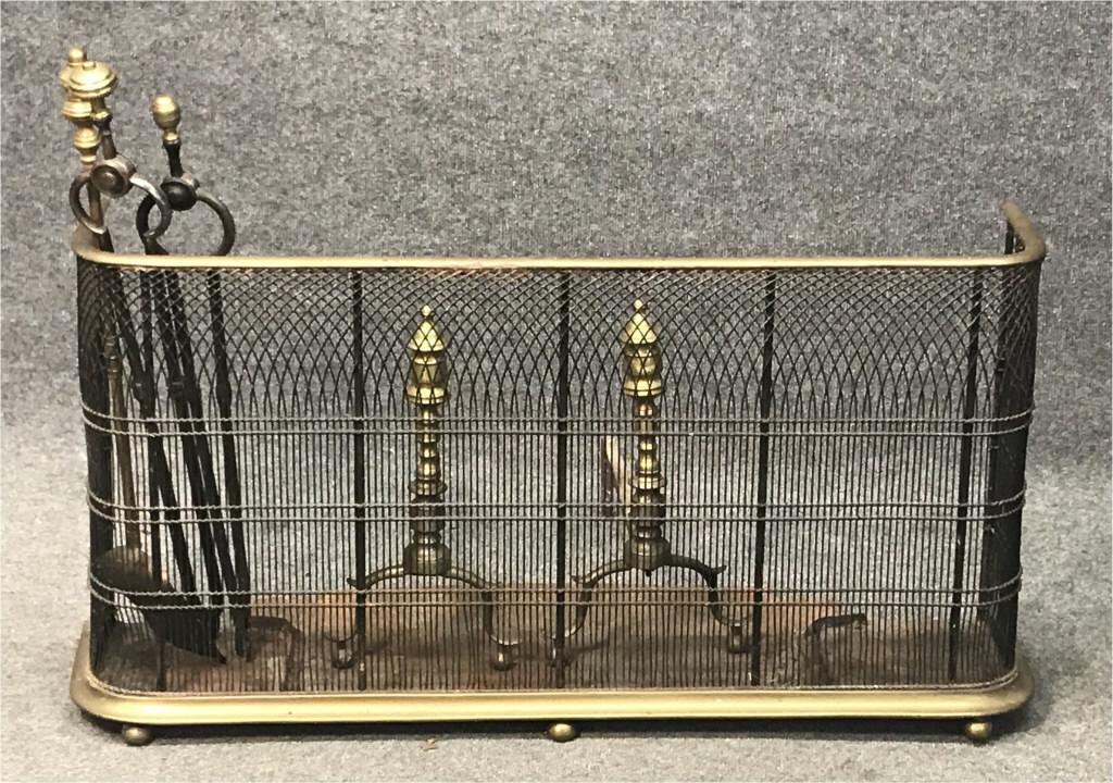 WIRE & BRASS FIRE FENDER, SMALL ANDIRONS & TOOLS FENDER (1 of 2)