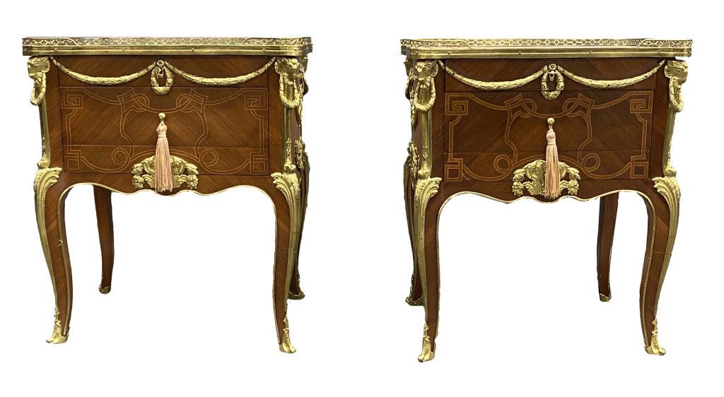 PAIR OF LOUIS XVI STYLE 3 DRAWER COMMODES GALLERY TOP & (1 of 8)