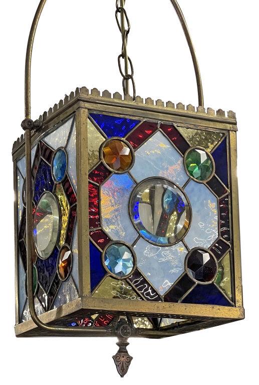 LEADED GLASS HANGING GASOLIER ENTRANCE WAY FIXTURE ORIG (1 of 4)