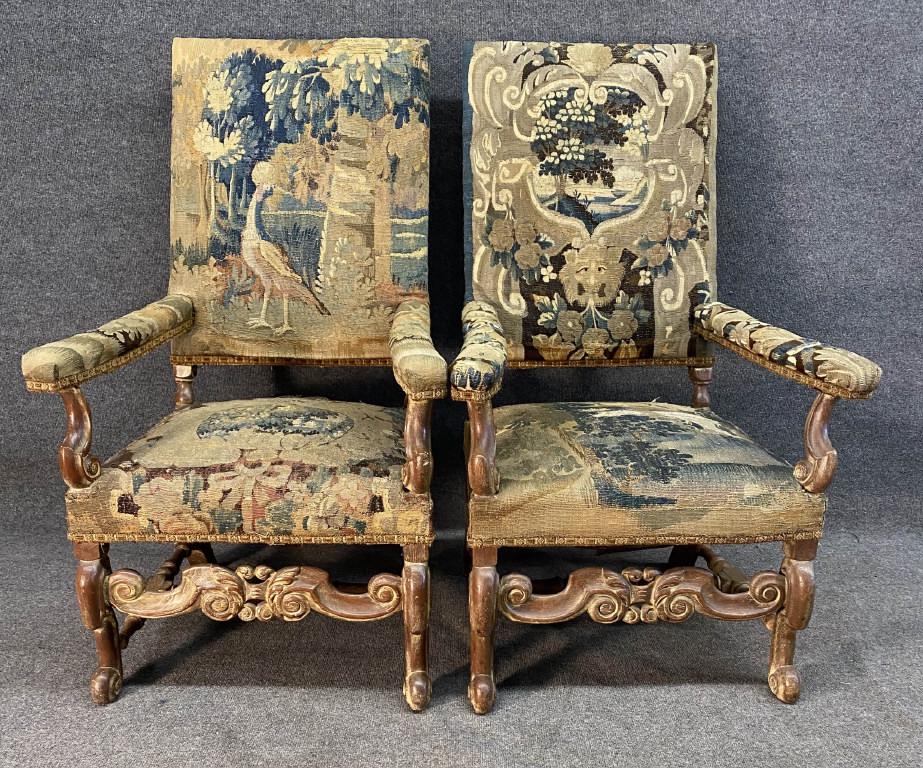 PR OF TAPESTRY UPHOLSTERED ARM CHAIRS 50" X 28 1/4" X (1 of 4)