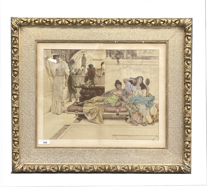 VINTAGE HAND COLORED SIR LAWRENCE ALMA -TADEMA: VINTAGE HAND COLORED SIR LAWRENCE ALMA -TADEMA PHOTOGRAVURE, "SHRINE OF VENUS" COLORED BY JOSEPH WILSON 35 1/2" X 41" OVERALL