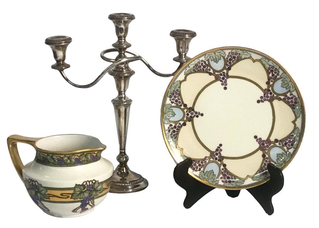 STERL 3 LIGHT CANDELABRA & 2 HAND PAINTED LIMOGES (1 of 8)