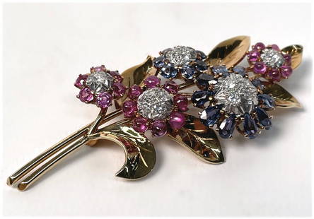 TRICOLOR GOLD, DIAMONDS, BLUE & PINK SAPPHIRES PIN 14KT: TRICOLOR GOLD, DIAMONDS, BLUE & PINK SAPPHIRES PIN 14KT GOLD, .79 DIAMOND TCW, 7.89 TCW COLORED STONES, 10.7 DWT