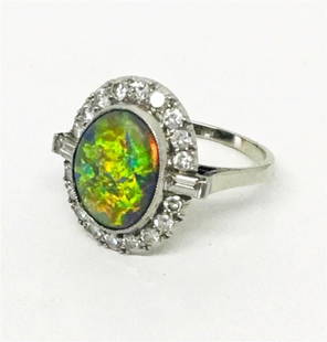 3.6 CT BLACK OPAL RING SET WITH 20 DIAMONDS IN 14KT: 3.6 CT BLACK OPAL RING SET WITH 20 DIAMONDS IN 14KT WHITE GOLD & PLATINUM APPROX. 2.6 DWT