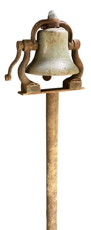 BRONZE SIGNAL BELL ON POST, 14" DIAM X 17" TALL POST (1 of 3)