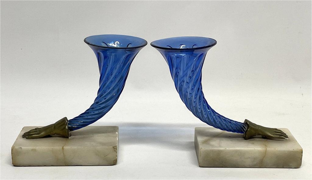 PR OF BLUE GLASS CORNUCOPIA VASES ON MARBLE BASES (1 of 7)