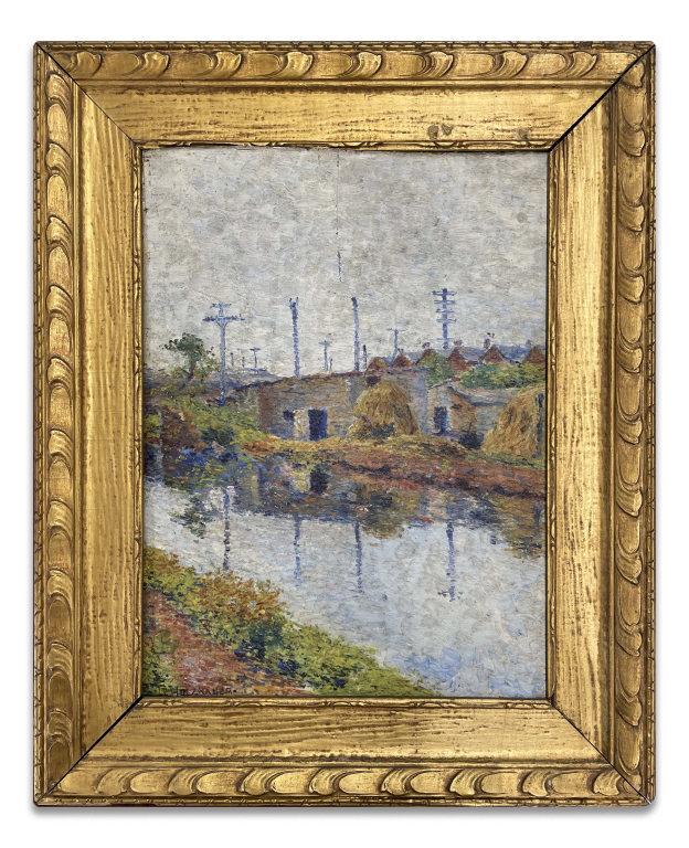 F. HOLZHAUER ?? "CANAL LANDSCAPE" OIL/PANEL 11 7/8" X (1 of 4)