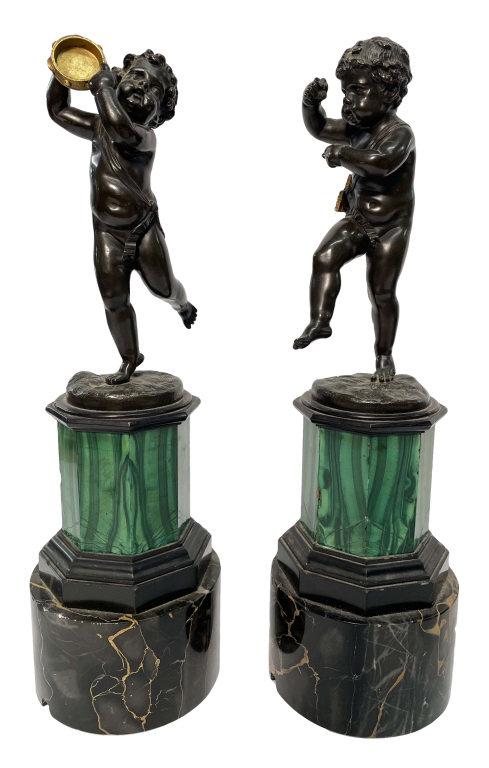 PR OF BRONZE PUTTIES ON MALACHITE BASES 16 1/2" TALL (1 of 6)