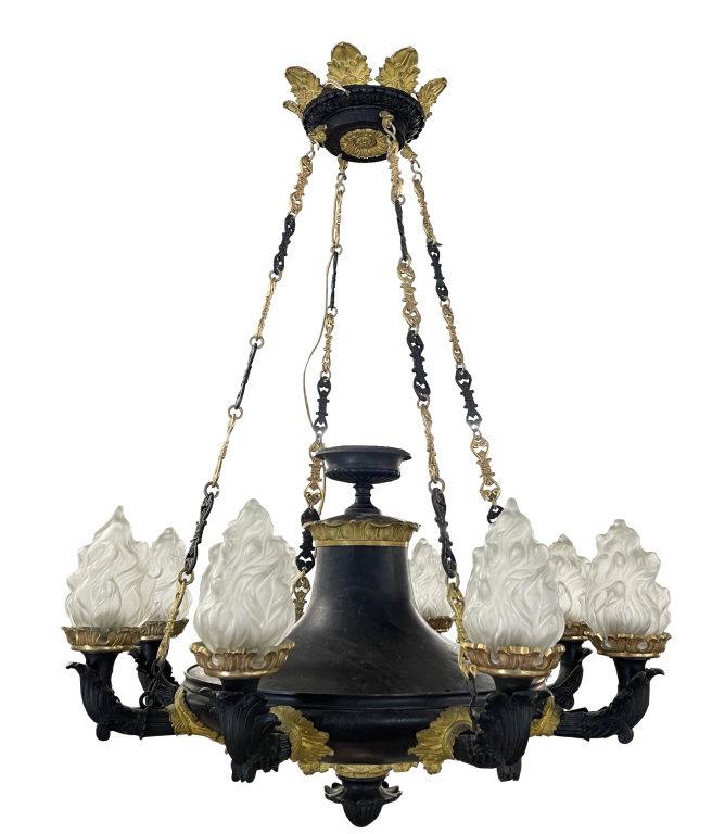 HANGING 8 LIGHT CHANDELIER , FLAME SHADES, 27" DIA (1 of 8)