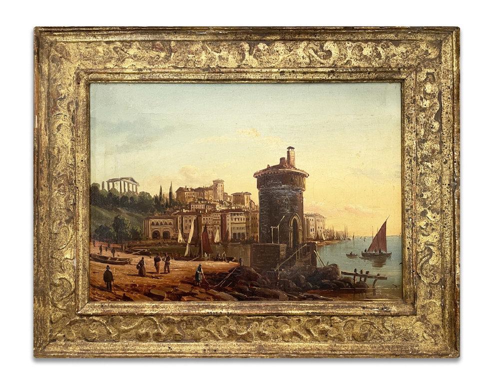 ITALIAN SCHOOL, OIL / CANVAS, PORT WITH RUINS UNSIGNED (1 of 7)