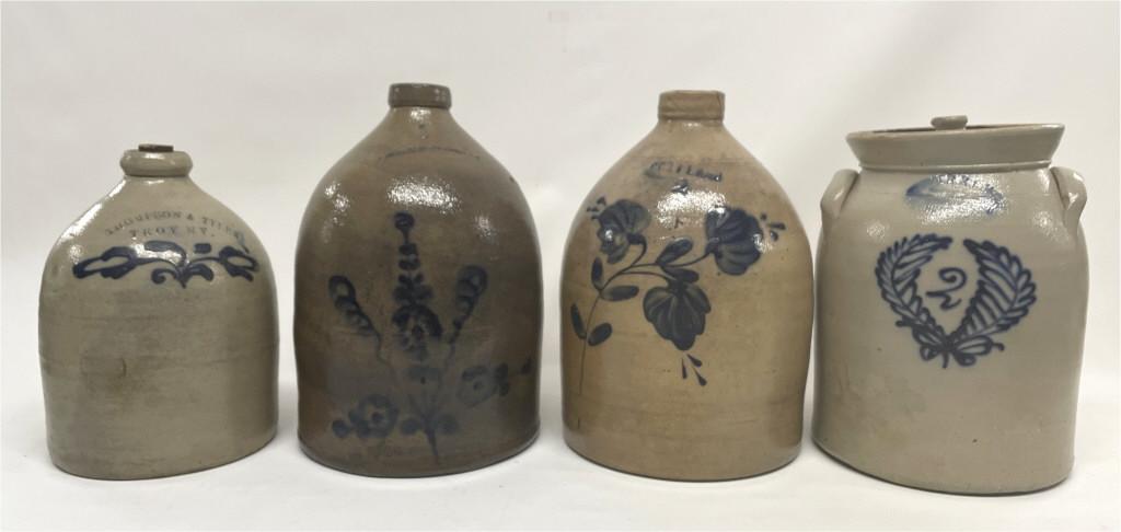 4 PCS SALT GLAZED STONEWARE, 2 GAL CROCK & 3 JUGS (1 of 14)