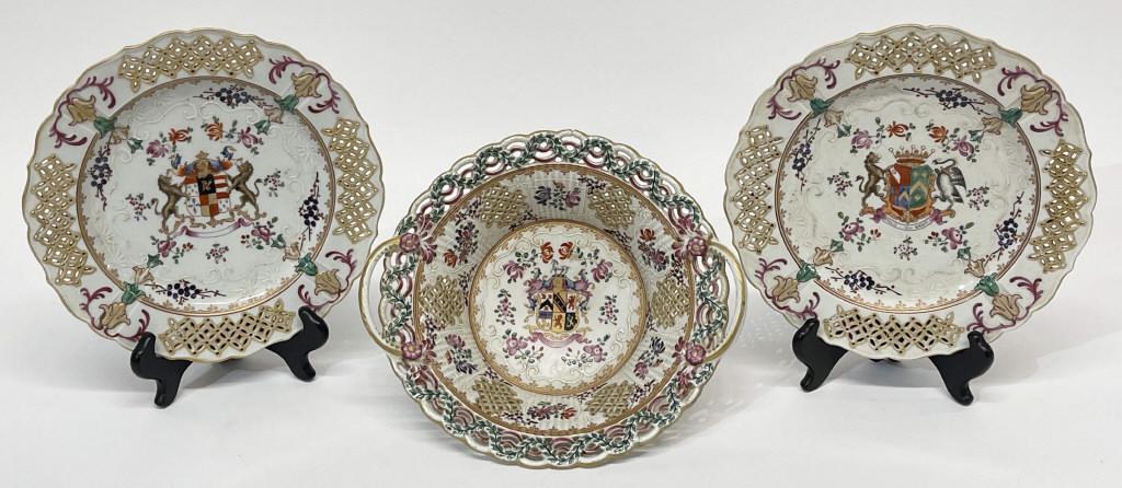 3 PCS. SAMPSON ARMORIAL CHINA, 2 PLATES & BASKET BASKET (1 of 16)
