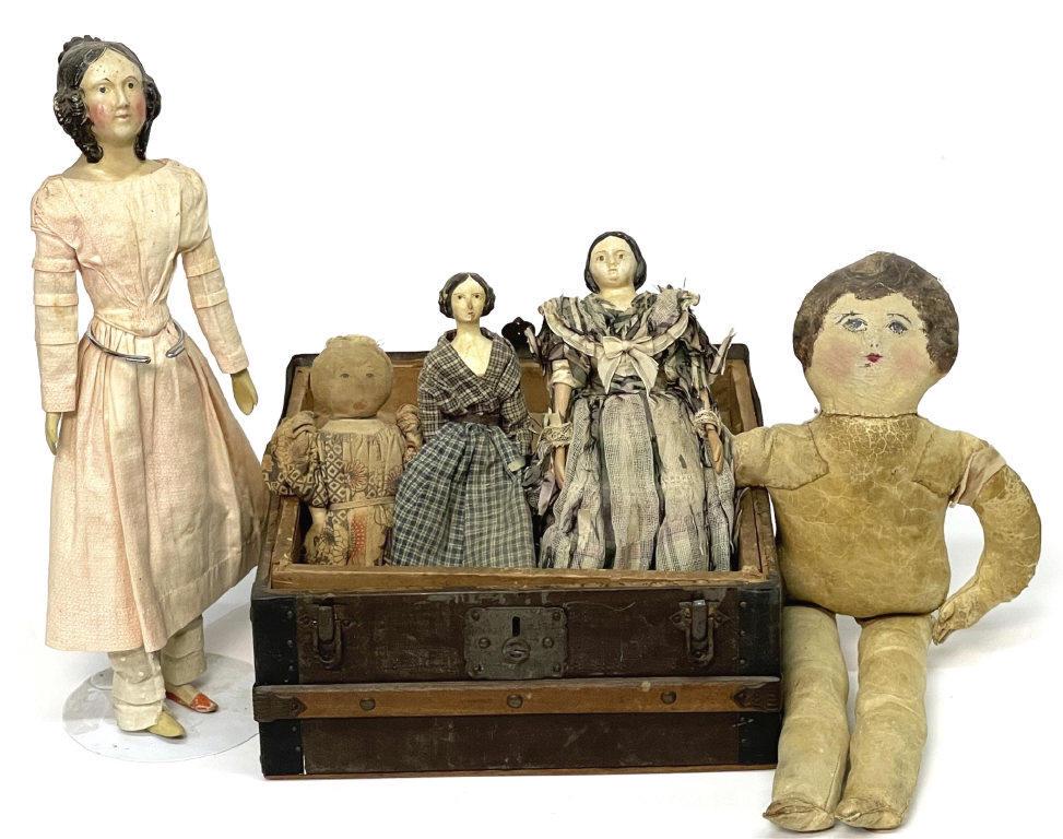 FIVE EARLY  DOLLS & DOLL TRUNK , 19THC. TALLEST 14" (1 of 4)