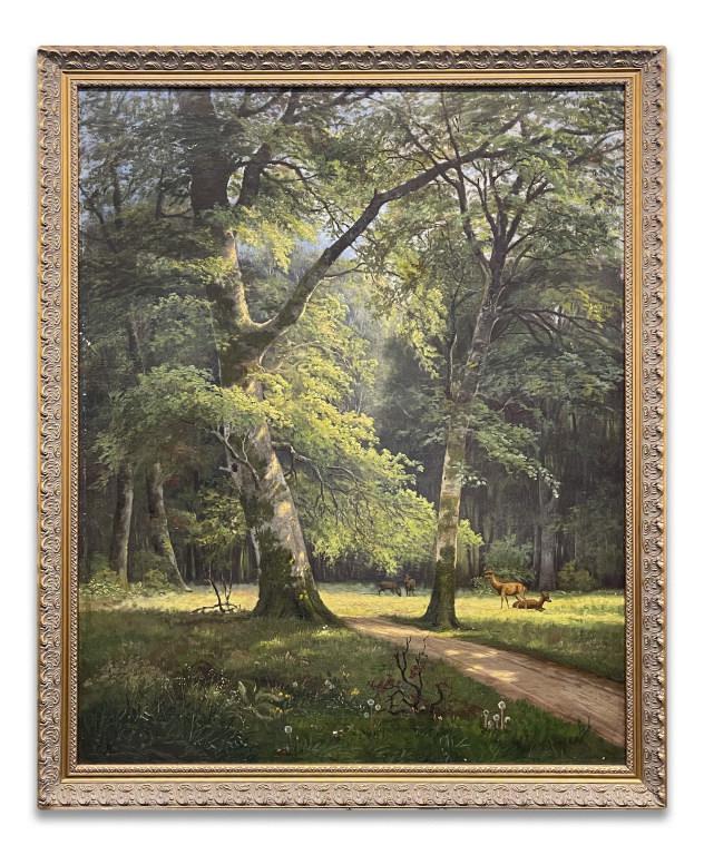 "WOODLAND LANDSCAPE WITH DEER" INITIALED C. B. OIL / (1 of 8)
