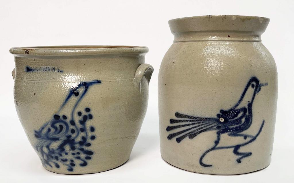 2 COBALT BLUE DECORATED SALT GLAZED CROCKS WITH BIRDS, (1 of 7)