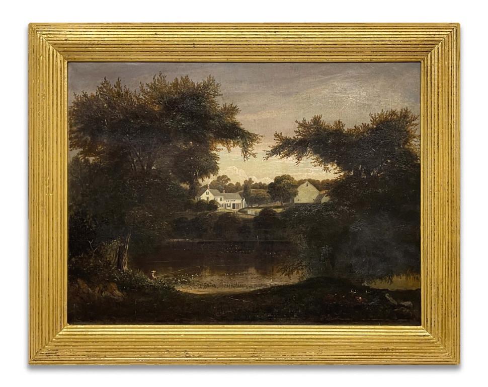 AMERICAN SCHOOL 19THC. "FISHING BY THE LAKE" UNSIGNED, (1 of 6)