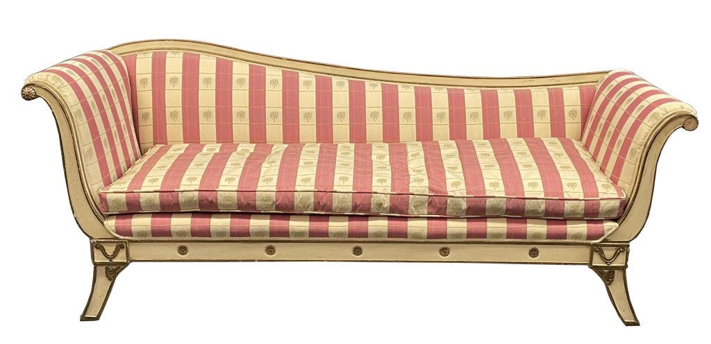 EDWARDIAN CHAISE LOUNGE IN CREAM & GOLD 31 1/2" TALL X: EDWARDIAN CHAISE LOUNGE IN CREAM & GOLD 31 1/2" TALL X 76 1/2" X 28 1/4" DEEP