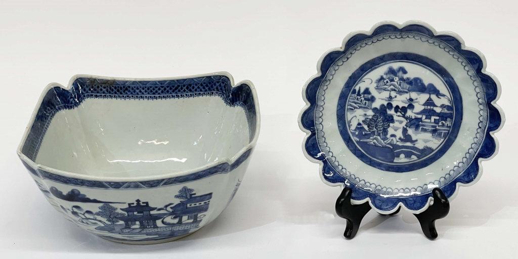 CANTON CUT CORNER BOWL & SAW TOOTH EDGE DISH (BOWL WITH: CANTON CUT CORNER BOWL & SAW TOOTH EDGE DISH (BOWL WITH TIGHT LINE)