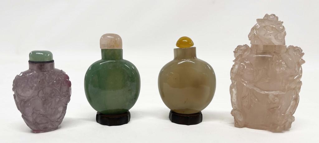 FOUR SNUFF BOTTLES, JADE, ROSE QUARTZ & AGATE (1 of 13)