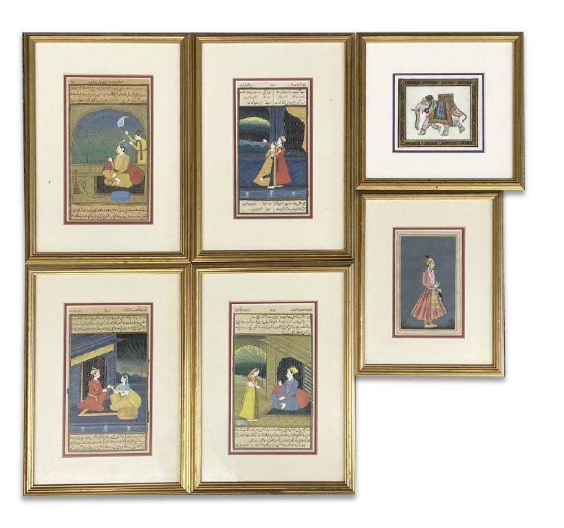 6 INDO PERSIAN MINIATURES ON PAPER, 4 ILLUMINATED 13" X (1 of 7)