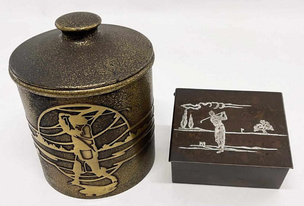 2 GOLF THEMED CONTAINERS,OVERLAID STERLING & BRASS ON (1 of 9)