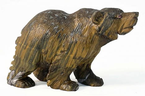 RUSSIAN CARVED HARD STONE, TIGER EYE BEAR: RUSSIAN CARVED HARD STONE, TIGER EYE BEAR 3 1/2" LONG X 1 3/4" TALL