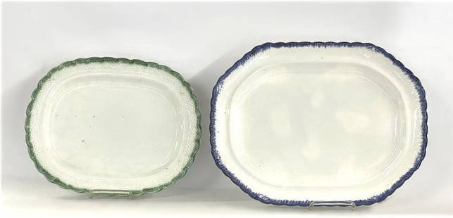 TWO STAFFORDSHIRE LEEDSWARE PLATTERS INC ADAMS 17 1/2": TWO STAFFORDSHIRE LEEDSWARE PLATTERS INC ADAMS 17 1/2" GREEN EDGED & 20 3/4" BLUE EDGED