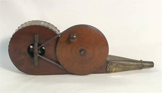 19THC. ENGLISH MAHOGANY BELLOWS WITH BRASS DRUM &: 19THC. ENGLISH MAHOGANY BELLOWS WITH BRASS DRUM & FUNNEL 26" LONG