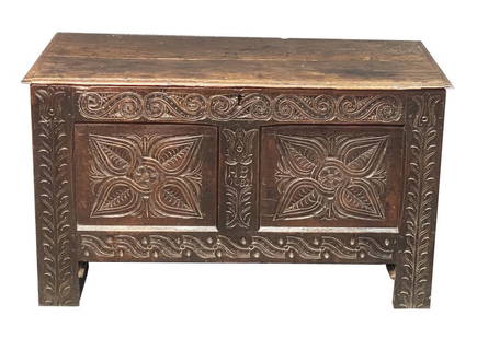 EARLY ENGLISH CARVED BLANKET CHEST DATED 1683 INITIALED: EARLY ENGLISH CARVED BLANKET CHEST DATED 1683 INITIALED 26" TALL X 43" X 21"