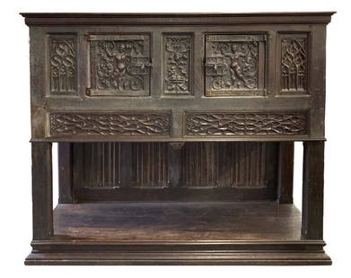 CARVED 16TH OR 17TH C. GOTHIC COURT CUPBOARD 57" X 70": CARVED 16TH OR 17TH C. GOTHIC COURT CUPBOARD 57" X 70" X 25"