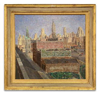 HERMAN ROSE (1909 -2007) "MANHATTAN LOOKING EAST" OIL /: HERMAN ROSE (1909 -2007) "MANHATTAN LOOKING EAST" OIL / CANVAS (26" X 28")