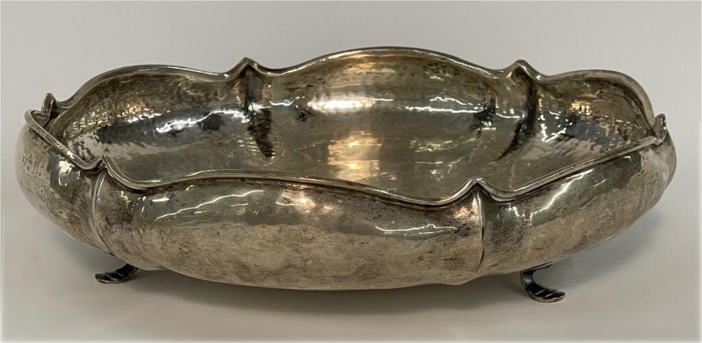 HAND CHASED LOTUS SHAPED BOWL ON FEET, UNSGND PROB. (1 of 5)