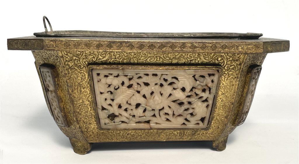18THC. FIRE GILDED CHINESE BRONZE PLANTER, JADE (1 of 12)