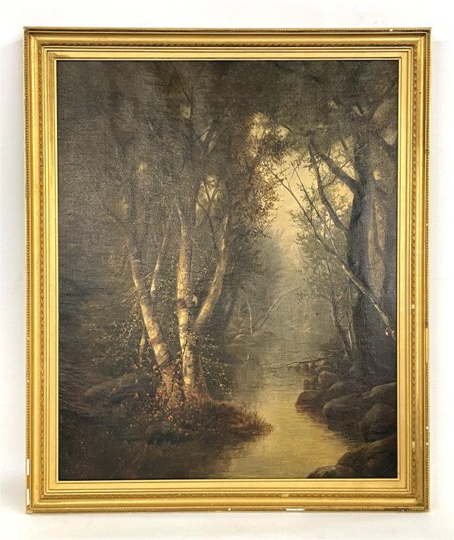 WILLIAM ONGLEY "BIRCH TREES BY THE STREAM" O/C 27" X: WILLIAM ONGLEY "BIRCH TREES BY THE STREAM" O/C 27" X 22"