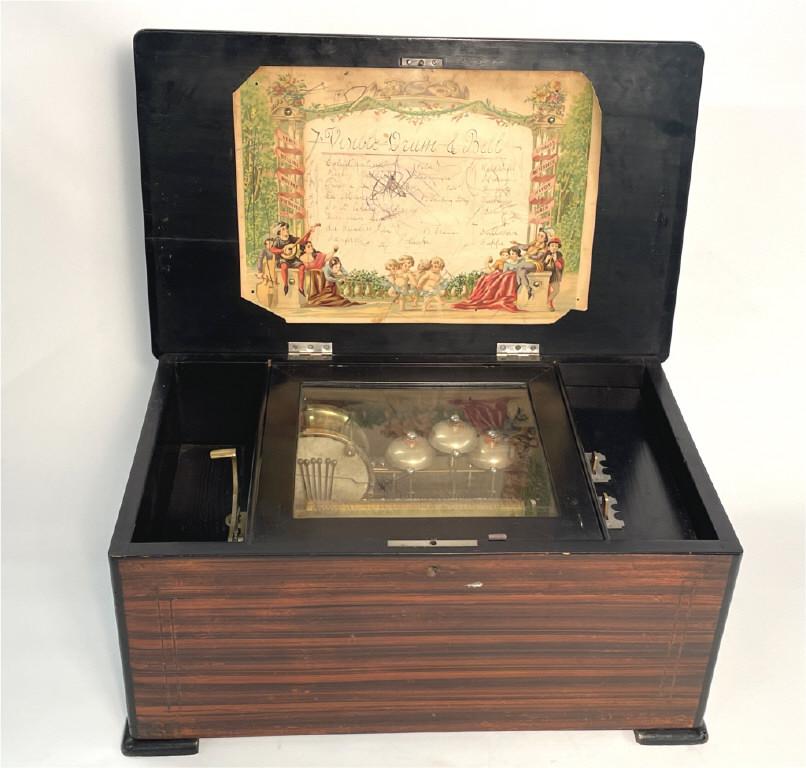 SWISS MADE 8 TUNE MUSIC BOX , SONG SHEET, DRUM & BELLS (1 of 8)