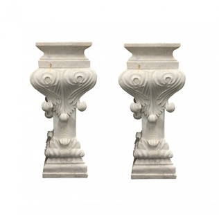 PAIR OF HALF PILLAR MARBLE COLUMNS: PAIR OF HALF PILLAR MARBLE COLUMNS 39" TALL X 23" WIDE TRIANGULAR TOPS MEASURE 19" WIDE X 10" DEEP, CHIPS & LOSSES