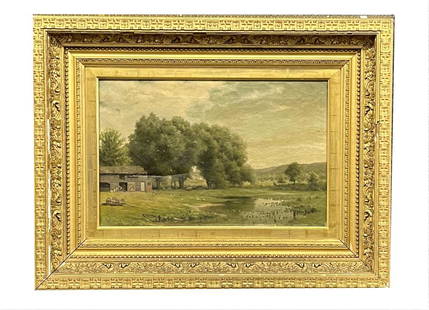 OIL/ CANVAS RW HUBBARD, 1885, LANDSCAPE WITH BARN: OIL/ CANVAS RW HUBBARD, 1885, LANDSCAPE WITH BARN (RICHARD WILLIAM HUBBARD 1816 - 1888) CANVAS SEPARATION (13" X 20")