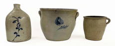 3 PCS STONEWARE INC. BINGHAMTON JUG, HANDLED CROCK &