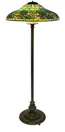 DUFFNER & KIMBERLY CO. BRONZE FLOOR LAMP STAINED GLASS SHADE, BASE UNSIGNED  26" DIAM. 67" TALL