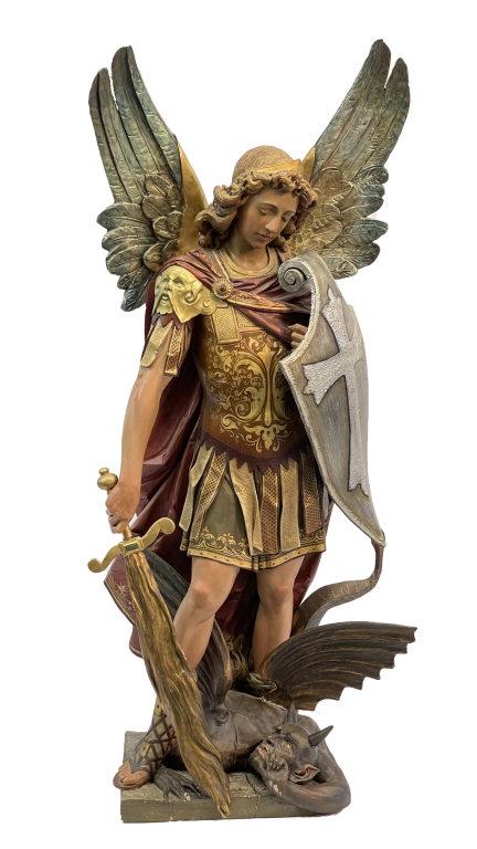 CARVED & POLYCHROMED MICHAEL THE ARCH ANGEL,19THC. PURCHASED FROM A EUROPEAN CHAPEL C. 1975  (64 (1 of 9)