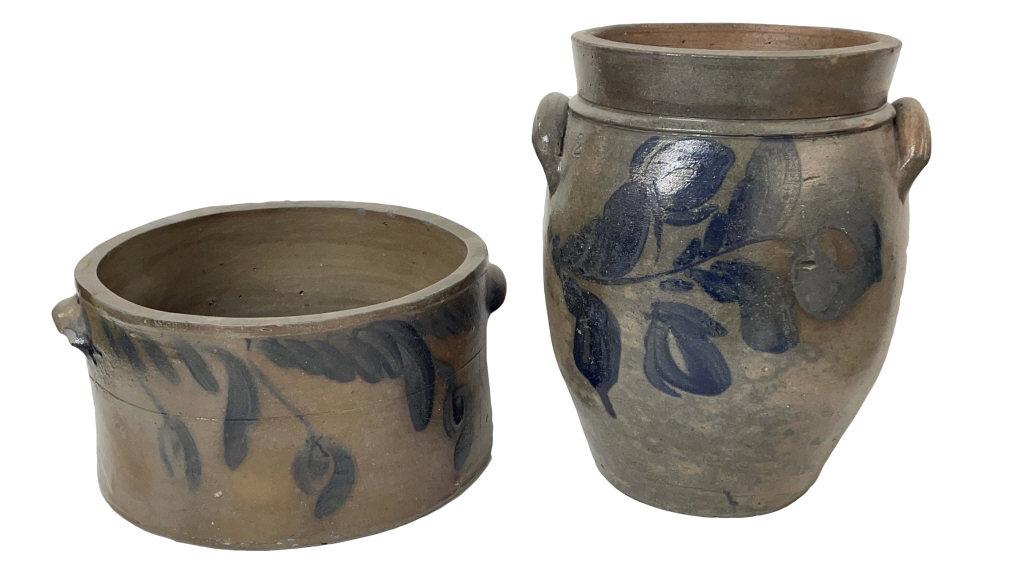 2 PCS. PA DECORATED STONEWARE, 11" DIAM CAKE CROCK & 2 GALLON 12" TALL OVOID (1 of 6)