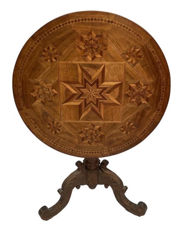 LATE 19THC. SCOTTISH PARQUETRY LODGE TABLE, SIGNED A.B. JACK WITH DRAPE CARVED APRON & CARVED BASE: LATE 19THC. SCOTTISH PARQUETRY LODGE TABLE, SIGNED A.B. JACK WITH DRAPE CARVED APRON & CARVED BASE 31 1/2" DIAM.