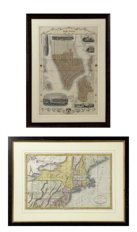 TWO HAND COLORED MAPS, "PLAN OF NEW YORK CITY'" BY JOHN TALLIS, 1851 & FRENCH MAP OF EASTERN US BY: TWO HAND COLORED MAPS, "PLAN OF NEW YORK CITY'" BY JOHN TALLIS, 1851 & FRENCH MAP OF EASTERN US BY JOHN MARSHALL, 1807 ISSUED FOLDED (20 1/2" X 27 1/2" & 27" X 20" OVERALL