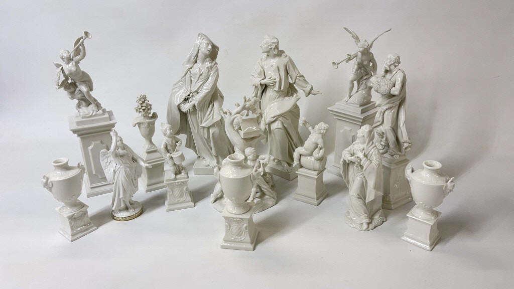 14 NYMPHENBURGH BLANC DE CHINE FIGURES, LOSSES 2 MARKED WESTERN GERMANY, TALLEST 13" (1 of 12)