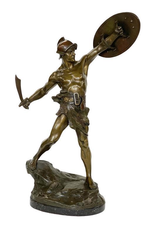 PARISIAN BRONZE 23 1/4" TALL, SPARTAN WITH SHIELD & SHORT SWORD SIGNED LOMANER: PARISIAN BRONZE 23 1/4" TALL, SPARTAN WITH SHIELD & SHORT SWORD SIGNED LOMANER