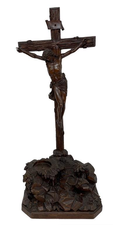 19THC.BLACK FOREST CARVED CRUCIFIX ON CANDLE BLOCK 32" TALL (1 of 9)
