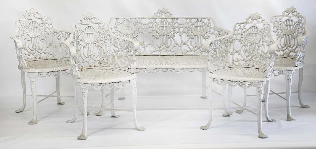 SET OF ADAMS STYLE 20THC. GARDEN FURNITURE CAST ALUMINUM, 4 CHAIRS &  44" LONG BENCH, ALL 32" TALL (1 of 9)